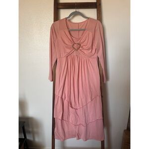 Pink Midi Rayon Dress Long Sleeve Heart Accent Scoop Neck Size M